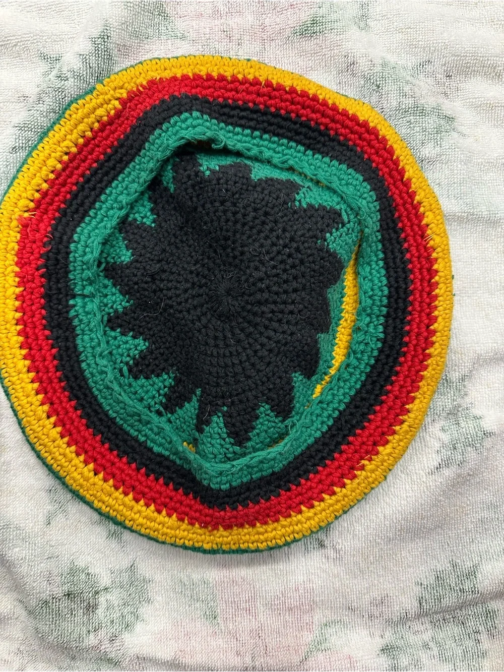 Handmade Crocheted Round  Rasta Beret Hat in Black, Green, Red & Yellow